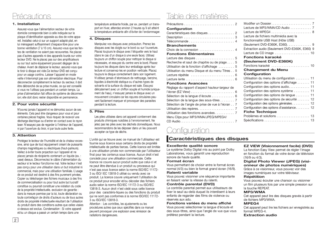 Samsung DVD-E360/ZF manual Précautions Table des matières, Configuration, Caractéristiques des disques, MP3/WMA, MPEG4 