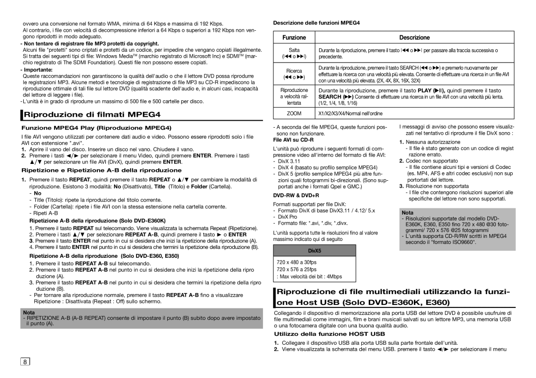 Samsung DVD-E360/ZF, DVD-E350/ZF manual Riproduzione di filmati MPEG4 