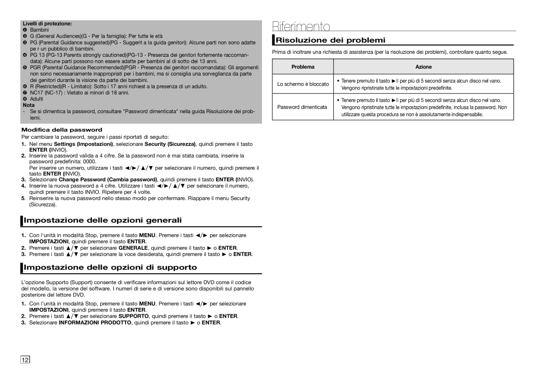 Samsung DVD-E360/ZF, DVD-E350/ZF Riferimento, Impostazione delle opzioni generali, Impostazione delle opzioni di supporto 