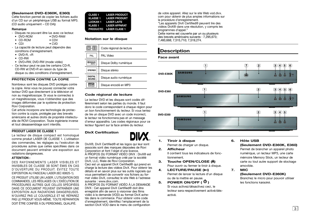 Samsung DVD-E350/ZF, DVD-E360/ZF manual Description, Produit Laser DE Classe, Lecture/Pause 