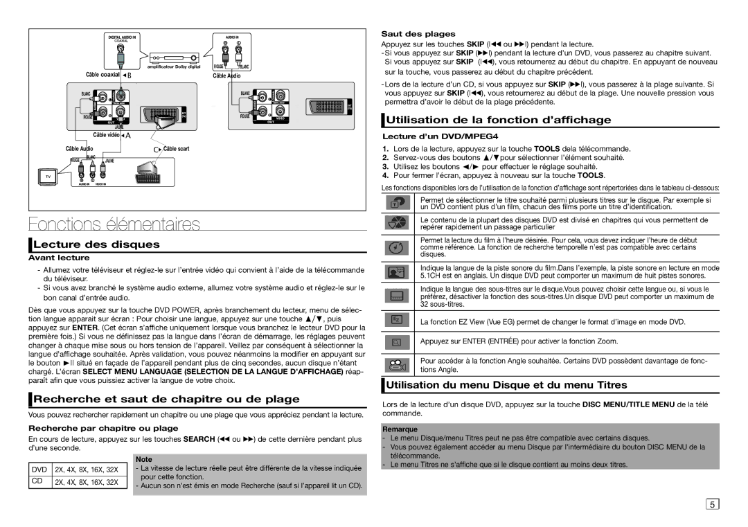 Samsung DVD-E350/ZF, DVD-E360/ZF Fonctions élémentaires, Lecture des disques, Recherche et saut de chapitre ou de plage 