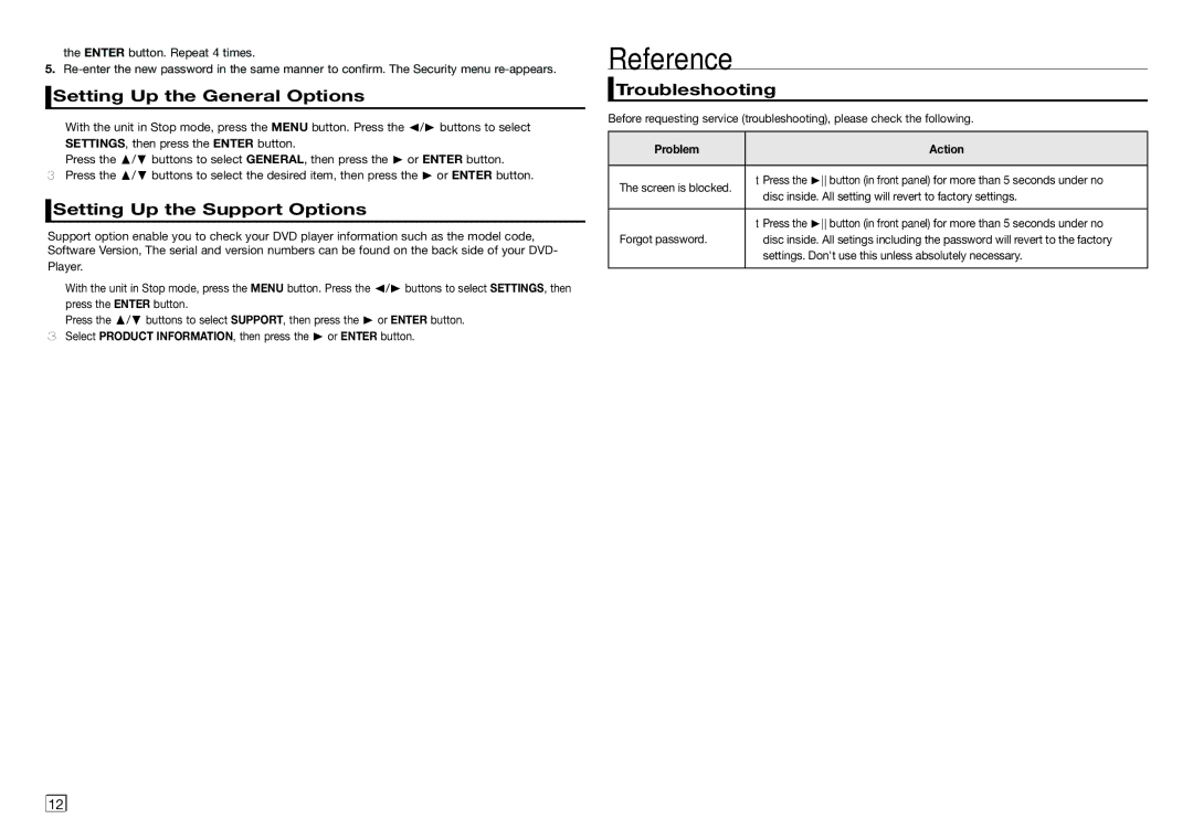 Samsung DVD-E360/ZF manual Reference, Setting Up the General Options, Setting Up the Support Options, Troubleshooting 