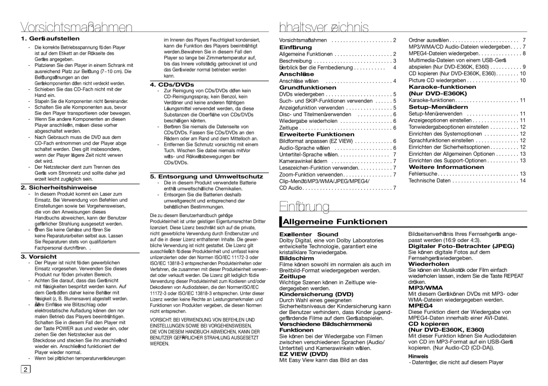 Samsung DVD-E360/ZF, DVD-E360/EN, DVD-E350/ZF Vorsichtsmaßnahmen Inhaltsver zeichnis, Einführung, Allgemeine Funktionen 