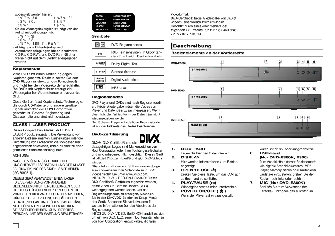 Samsung DVD-E360/EN, DVD-E360/ZF, DVD-E350/ZF, DVD-E350/XN, DVD-E350/EN, DVD-E360/XN manual Beschreibung, Achtung, Disc-Fach 