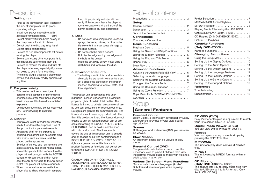 Samsung DVD-E350/ZF, DVD-E360/ZF, DVD-E360/EN, DVD-E350/XN, DVD-E350/EN Precautions Table of contens, Setup, General Features 