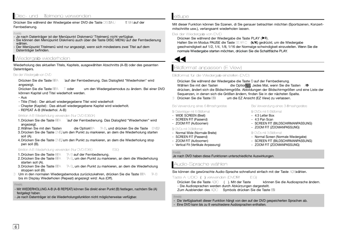 Samsung DVD-E350/EN, DVD-E360/ZF, DVD-E360/EN, DVD-E350/ZF, DVD-E350/XN, DVD-E360/XN manual Erweiterte funktionen 