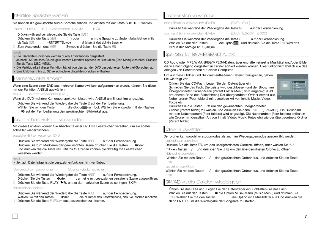 Samsung DVD-E360/XN manual Untertitel-Sprache wählen, Kamerawinkel ändern, Lesezeichen-Funktion verwenden, Ordner auswählen 