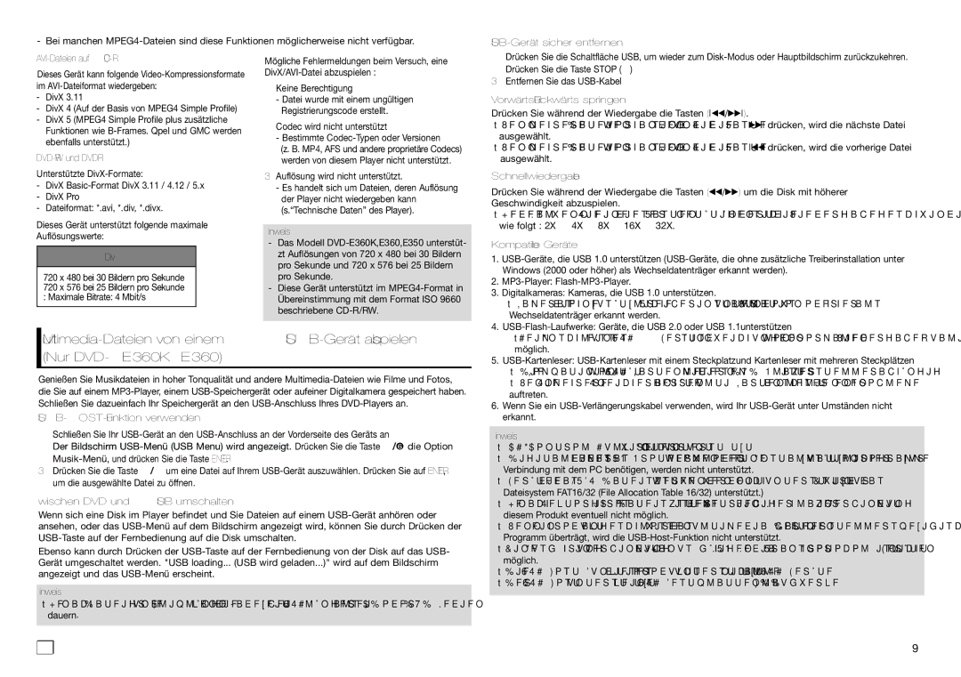 Samsung DVD-E360/EN manual USB-Gerät sicher entfernen AVI-Dateien auf CD-R, DVD-RW und DVD+R, Vorwärts/Rückwärts springen 