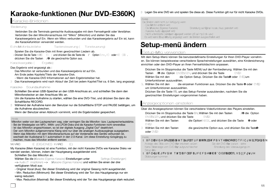 Samsung DVD-E350/XN manual Karaoke-funktionen Nur DVD-E360K, Setup-menü ändern, Karaoke-Funktionen, Setup-Menü verwenden 