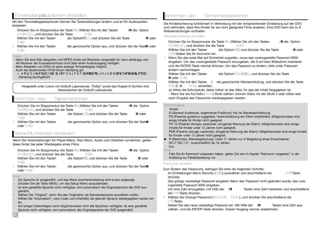 Samsung DVD-E350/EN manual Tonwiedergabeoptionen einstellen, Einrichten des Systemoptionen, Sprachfunktionen einstellen 