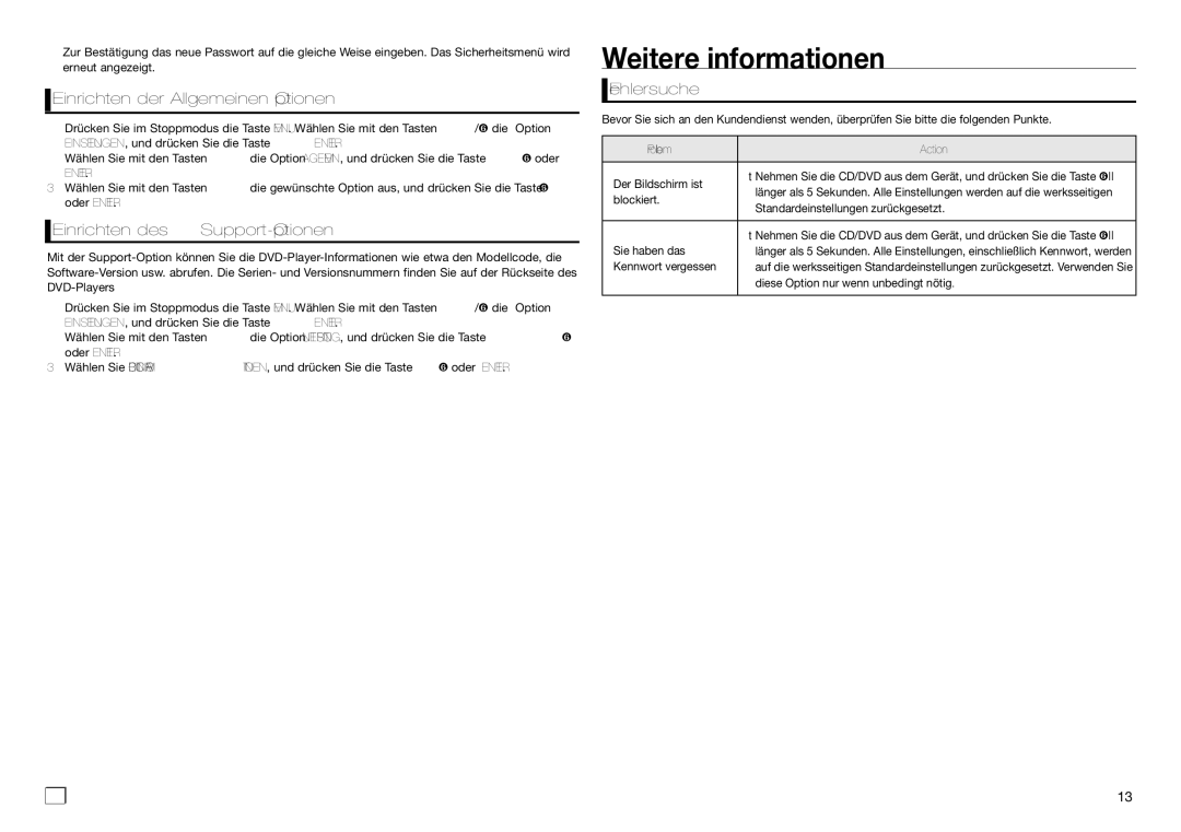 Samsung DVD-E360/XN manual Weitere informationen, Einrichten der Allgemeinen Optionen, Einrichten des Support-Optionen 