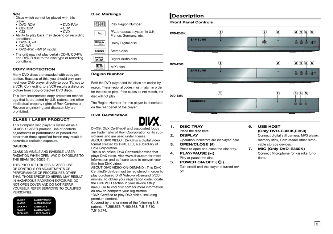 Samsung DVD-E350/XN, DVD-E360/ZF, DVD-E360/EN, DVD-E350/ZF, DVD-E350/EN, DVD-E360/XN manual Description 