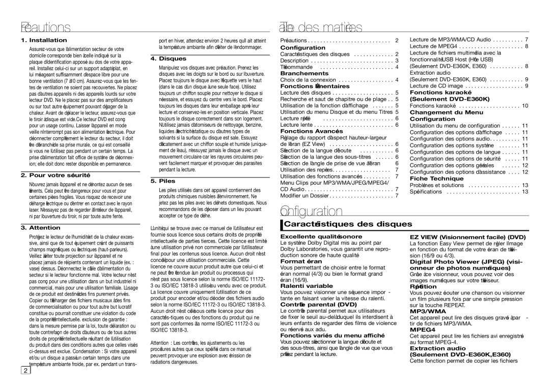 Samsung DVD-E350/EN, DVD-E360/ZF, DVD-E360/EN Précautions Table des matières, Configuration, Caractéristiques des disques 