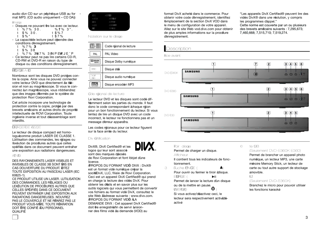 Samsung DVD-E360/XN, DVD-E360/ZF, DVD-E360/EN manual Protection Contre LA Copie, Produit Laser DE Classe, Lecture/Pause 