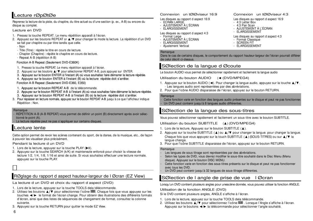 Samsung DVD-E350/ZF, DVD-E360/ZF, DVD-E360/EN, DVD-E350/XN, DVD-E350/EN, DVD-E360/XN manual Fonctions avancées 