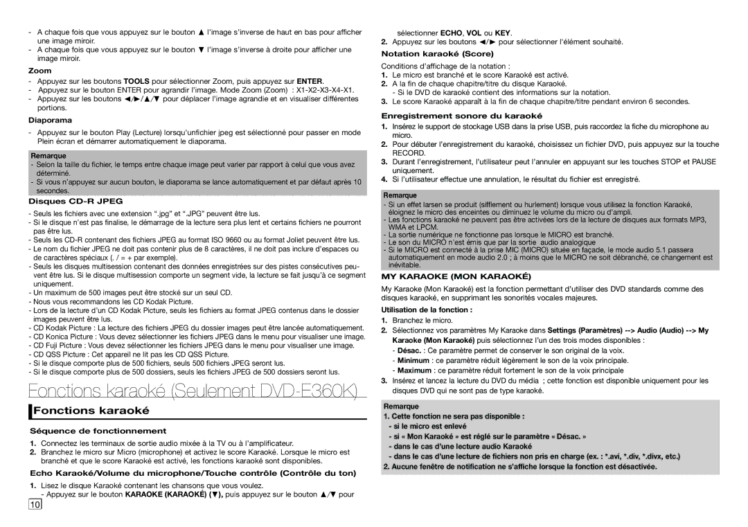 Samsung DVD-E360/ZF, DVD-E360/EN, DVD-E350/ZF, DVD-E350/XN, DVD-E350/EN, DVD-E360/XN Fonctions karaoké, MY Karaoke MON Karaoké 