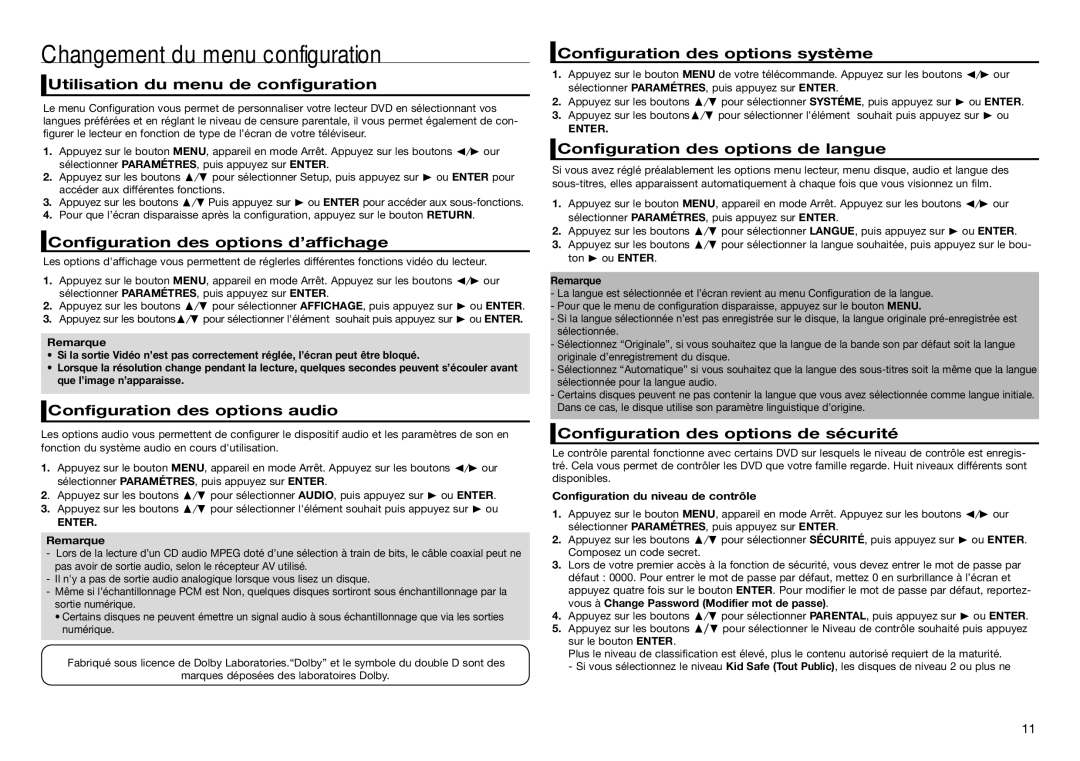 Samsung DVD-E360/EN, DVD-E360/ZF, DVD-E350/ZF, DVD-E350/XN, DVD-E350/EN, DVD-E360/XN manual Changement du menu configuration 