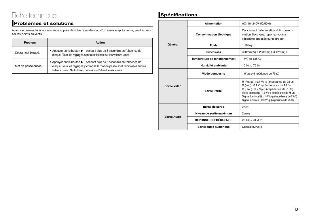 Samsung DVD-E350/XN, DVD-E360/ZF, DVD-E360/EN, DVD-E350/ZF manual Fiche technique, Problèmes et solutions, Spécifications 