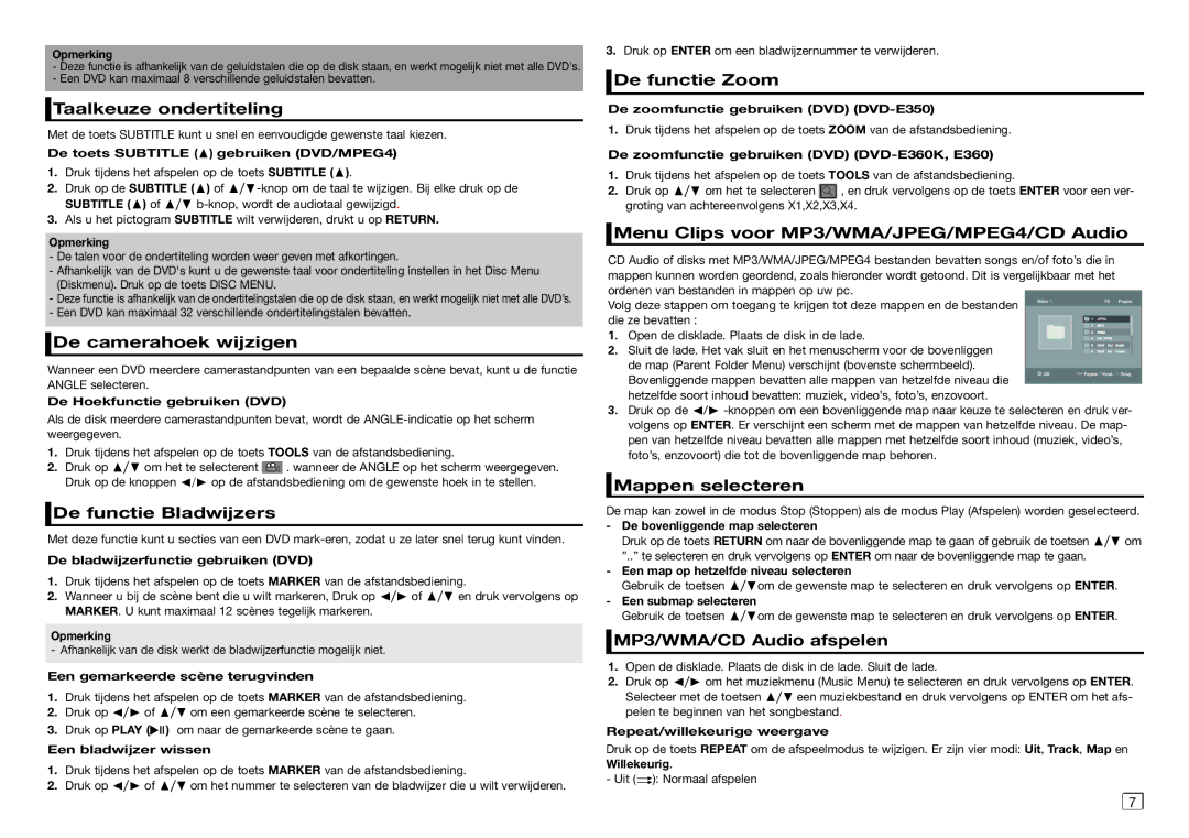 Samsung DVD-E360/EN, DVD-E360/ZF Taalkeuze ondertiteling, De camerahoek wijzigen, De functie Bladwijzers, De functie Zoom 