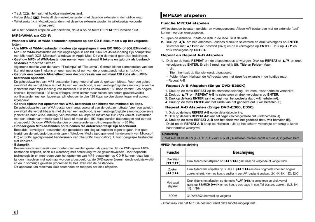 Samsung DVD-E350/ZF, DVD-E360/ZF, DVD-E360/EN, DVD-E350/XN, DVD-E350/EN, DVD-E360/XN manual MPEG4 afspelen, Functie Beschrijving 