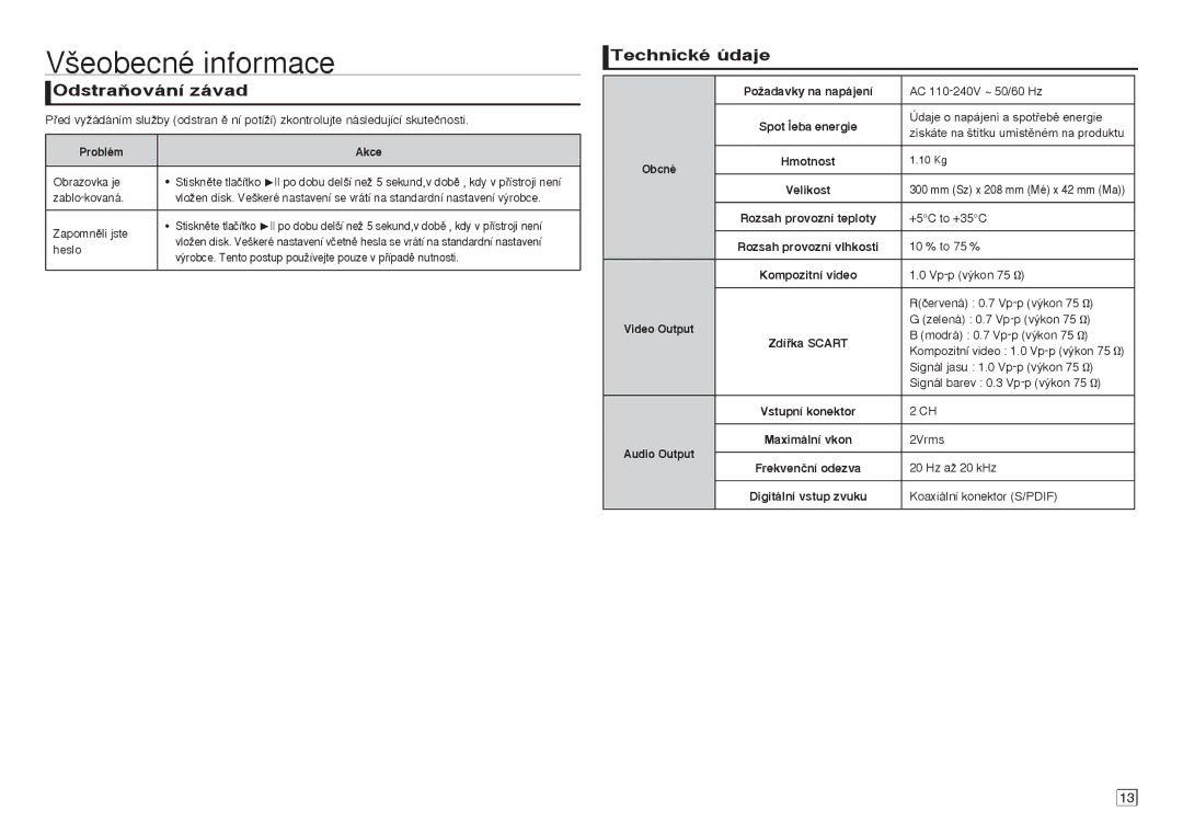 Samsung DVD-E350/XE, DVD-E360/ZF, DVD-E360/EN, DVD-E350/ZF manual ‰eobecné informace, OdstraÀování závad, Technické údaje 
