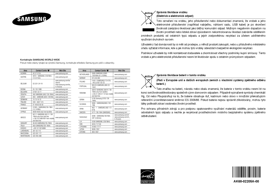 Samsung DVD-E350/ZF, DVD-E360/ZF Správná likvidace vrobku Elektrick a elektronick odpad, Area Contact Centre  Web Site 