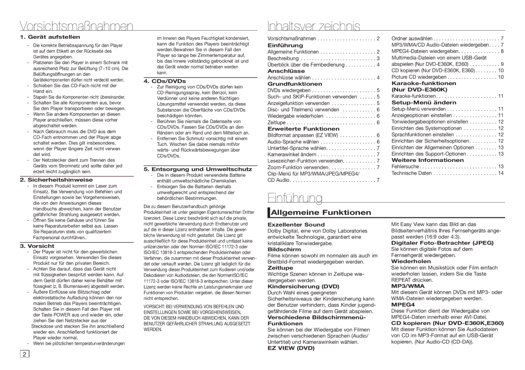Samsung DVD-E350/EN, DVD-E360/ZF, DVD-E360/EN Vorsichtsmaßnahmen Inhaltsver zeichnis, Einführung, Allgemeine Funktionen 