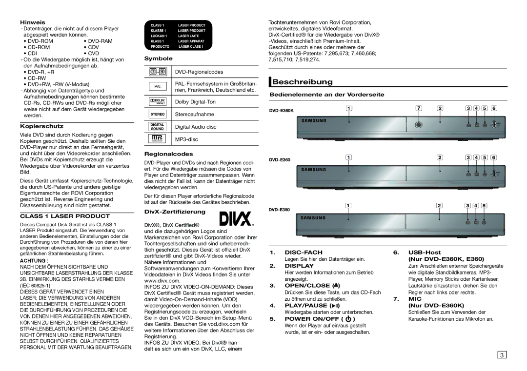 Samsung DVD-E360/XN, DVD-E360/ZF, DVD-E360/EN, DVD-E350/ZF, DVD-E350/XN, DVD-E350/EN, DVD-E350/XE manual Beschreibung 