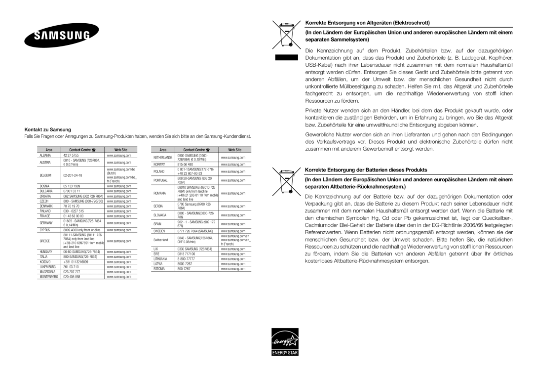 Samsung DVD-E350/EN, DVD-E360/ZF, DVD-E360/EN, DVD-E350/ZF, DVD-E350/XN manual Zusammen mit anderem Gewerbemüll entsorgt werden 