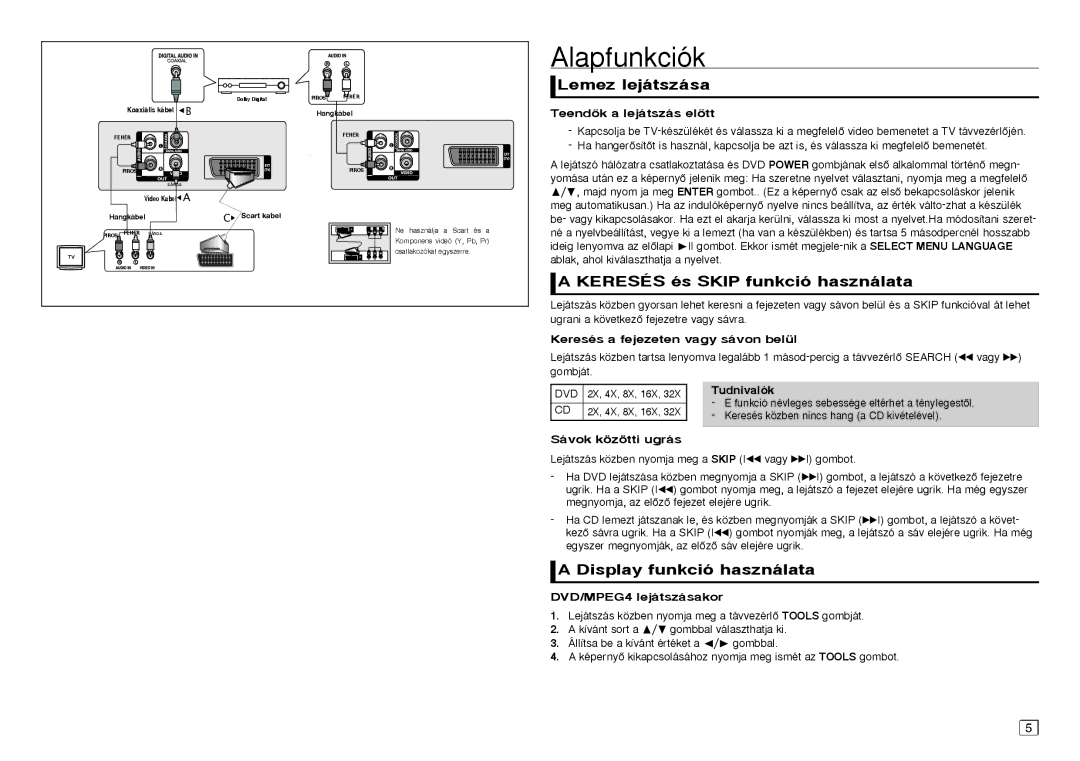 Samsung DVD-E350/ZF manual Alapfunkciók, Lemez lejátszása, Keresés és Skip funkció használata, Display funkció használata 