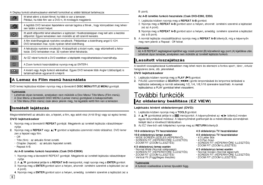 Samsung DVD-E350/XN manual További funkciók, Lemez és Film menü használata, Ismételt lejátszás, Lassított visszajátszás 