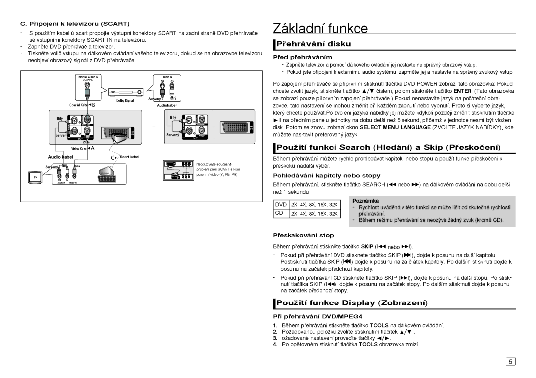 Samsung DVD-E360/XN, DVD-E360/ZF manual Základní funkce, ehrávání disku, PouÏití funkcí Search Hledání a Skip Peskoãení 