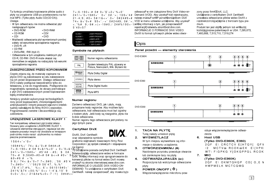 Samsung DVD-E350/ZF, DVD-E360/ZF manual Opis, Zabezpieczenie Przed Kopiowaniem, Urzñdzenie Laserowe Klasy, Wyâwietlacz 