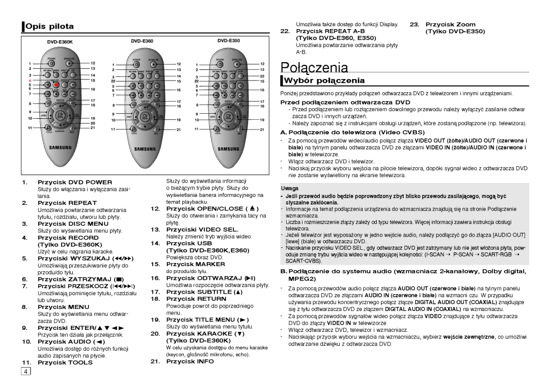 Samsung DVD-E350/XN, DVD-E360/ZF, DVD-E360/EN, DVD-E350/ZF, DVD-E350/EN, DVD-E360/XN Po∏àczenia, Opis pilota, Wybór po∏àczenia 