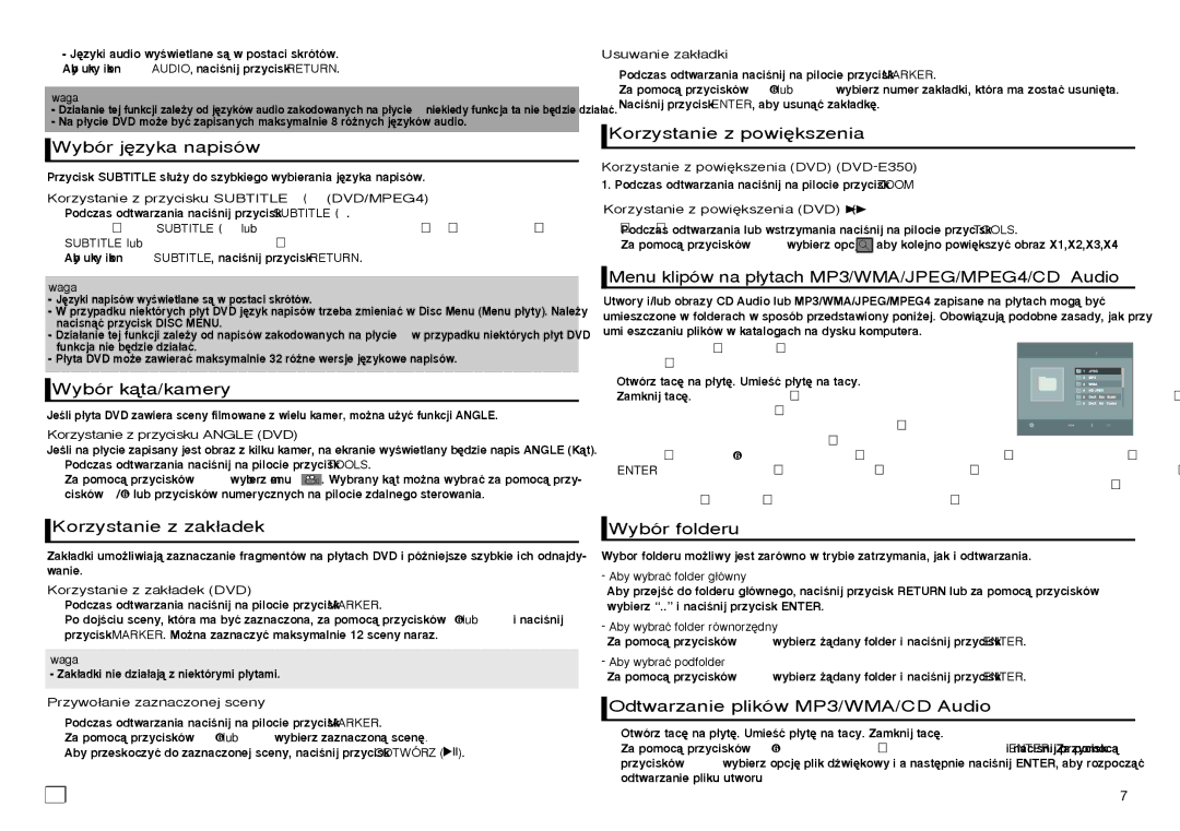 Samsung DVD-E350/XE manual Wybór j´zyka napisów, Wybór kàta/kamery, Korzystanie z zak∏adek, Korzystanie z powi´kszenia 