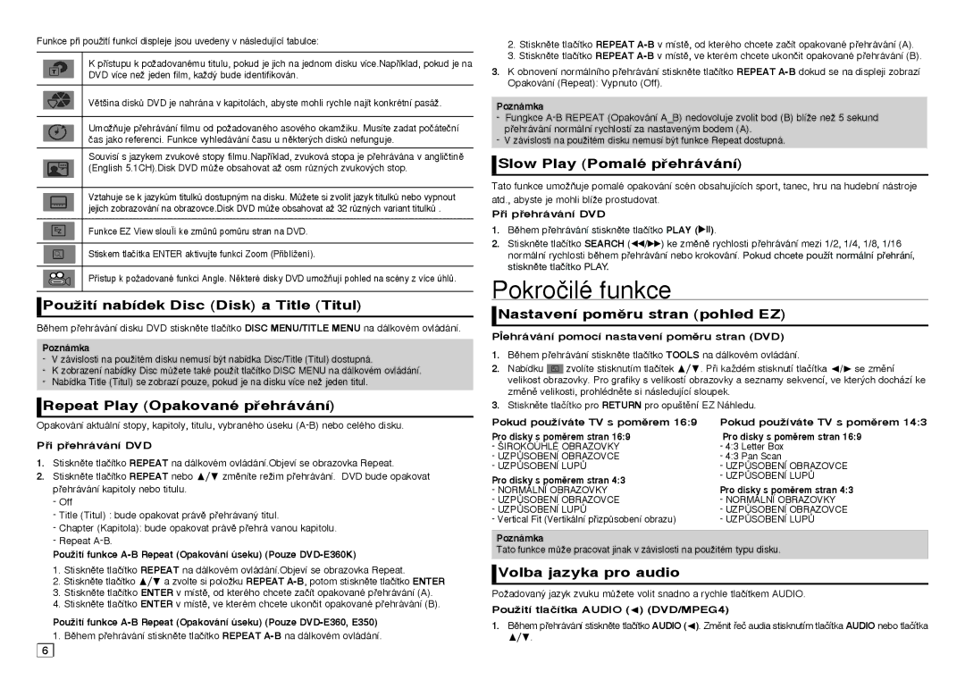Samsung DVD-E350/XE, DVD-E360/ZF, DVD-E360/EN, DVD-E350/ZF, DVD-E350/XN, DVD-E350/EN, DVD-E360/XN manual Pokroãilé funkce 