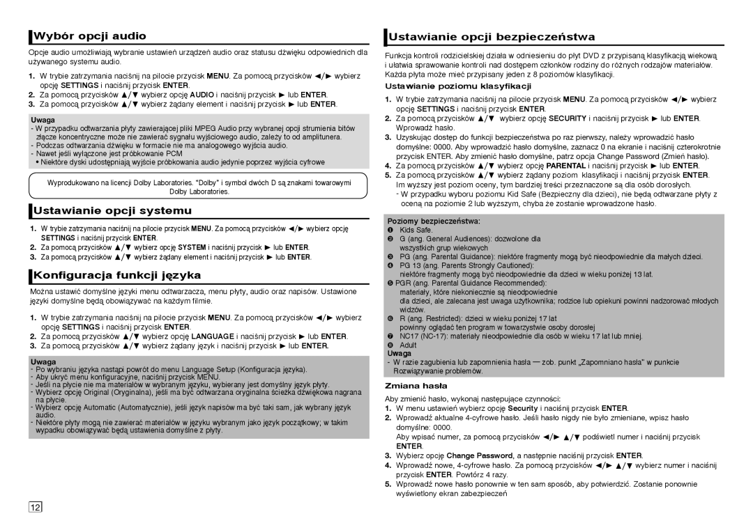 Samsung DVD-E350/EN, DVD-E360/ZF, DVD-E360/EN manual Wybór opcji audio, Ustawianie opcji systemu, Konfiguracja funkcji j´zyka 