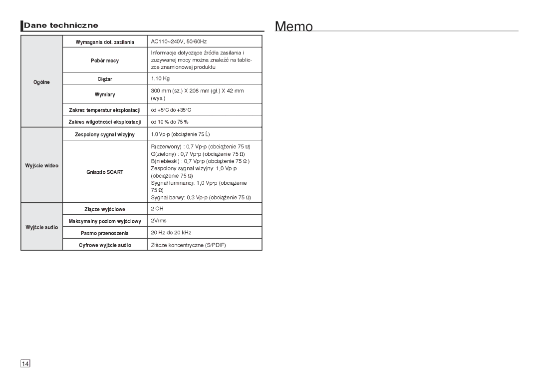 Samsung DVD-E350/XE, DVD-E360/ZF, DVD-E360/EN, DVD-E350/ZF, DVD-E350/XN, DVD-E350/EN, DVD-E360/XN manual Memo, Dane techniczne 