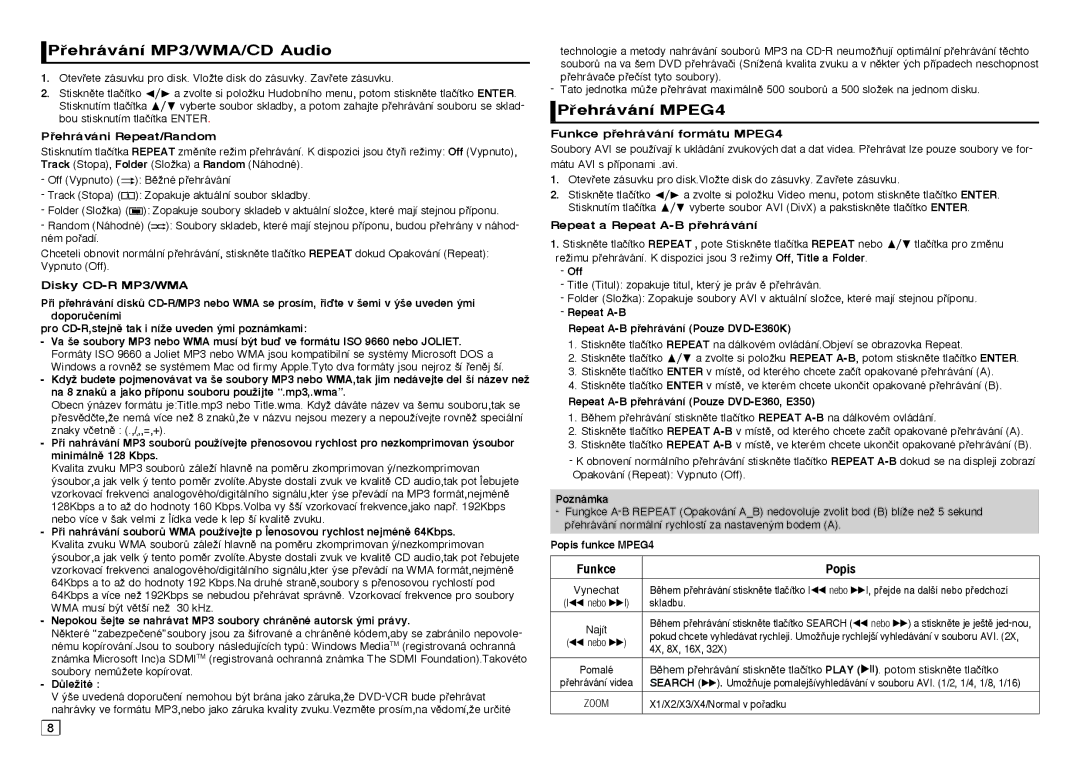 Samsung DVD-E360/EN, DVD-E360/ZF, DVD-E350/ZF, DVD-E350/XN, DVD-E350/EN manual ehrávání MP3/WMA/CD Audio, ehrávání MPEG4 