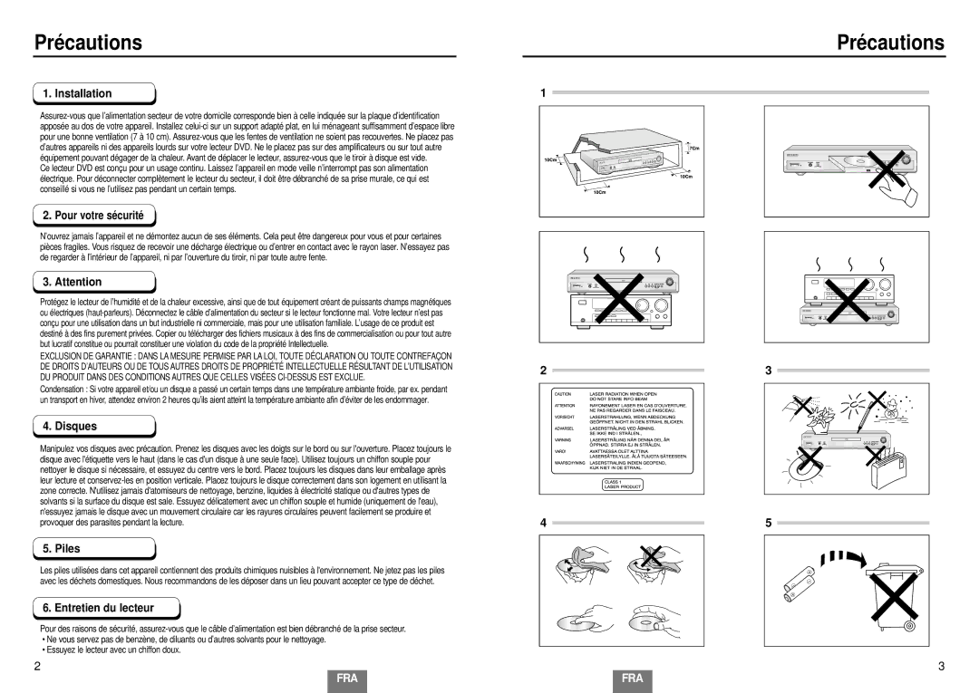 Samsung DVD-E234/XEL, DVD-E435/XEL, DVD-E335/XEL manual Précautions, Installation, Disques, Piles, Entretien du lecteur 