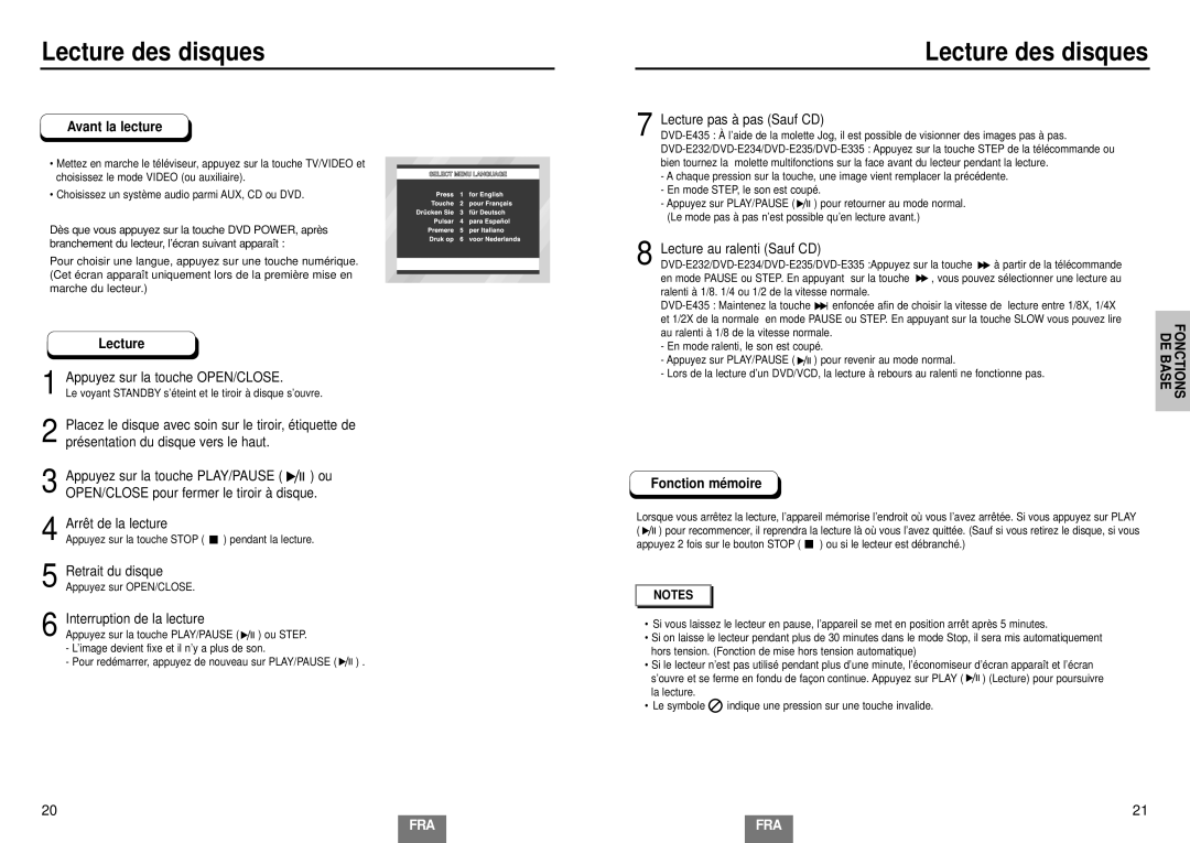 Samsung DVD-E435/XEL, DVD-E234/XEL, DVD-E335/XEL, DVD-E232/XEL manual Lecture des disques, Avant la lecture, Fonction mé moire 