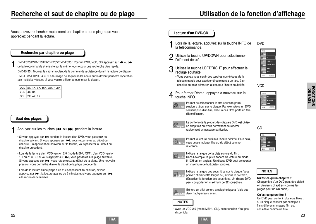 Samsung DVD-E234/XEL, DVD-E435/XEL Recherche par chapitre ou plage, Saut des plages Lecture d’un DVD/CD, Fonctions DE Base 