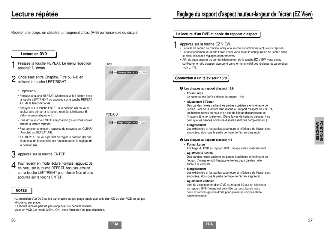 Samsung DVD-E232/XEL, DVD-E435/XEL Lecture ré pé té e, Lecture en DVD, La lecture d’un DVD et choix du rapport d’aspect 