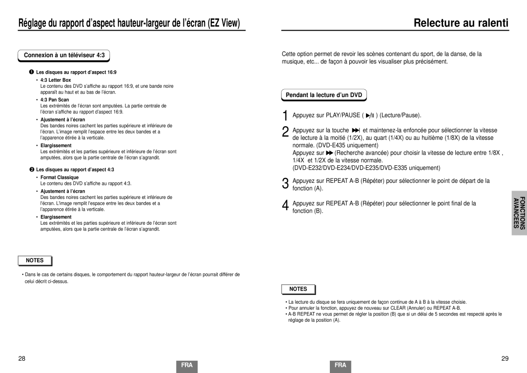 Samsung DVD-E235/XEL, DVD-E435/XEL, DVD-E234/XEL, DVD-E335/XEL Relecture au ralenti, Pendant la lecture d’un DVD, Fonction B 