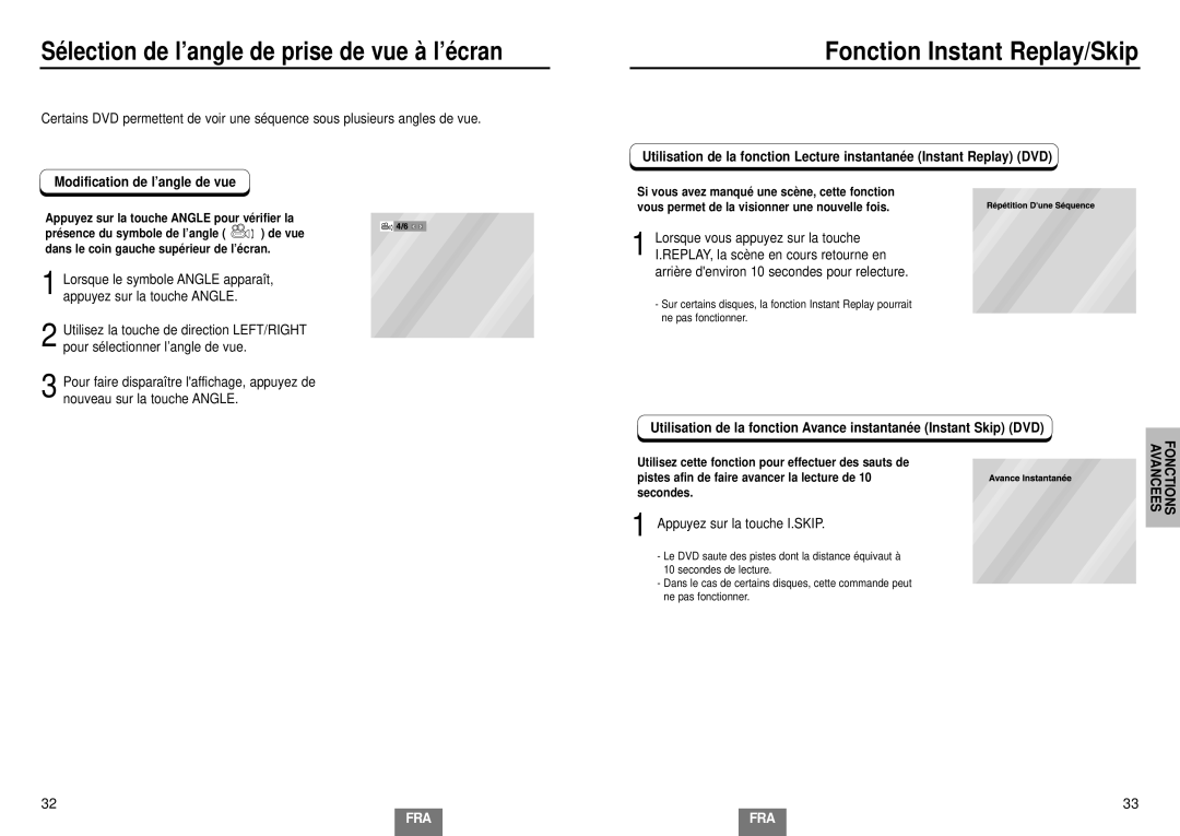 Samsung DVD-E234/XEL manual Fonction Instant Replay/Skip, Modification de l’angle de vue, Appuyez sur la touche I.SKIP 