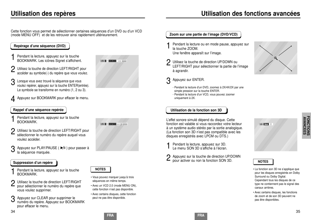 Samsung DVD-E335/XEL, DVD-E435/XEL, DVD-E234/XEL, DVD-E232/XEL Utilisation des repères, Utilisation des fonctions avancé es 