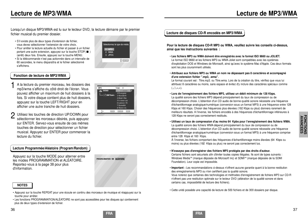 Samsung DVD-E232/XEL manual Lecture de MP3/WMA, Fonction de lecture de MP3/WMA, Lecture de disques CD-R encodé s en MP3/WMA 