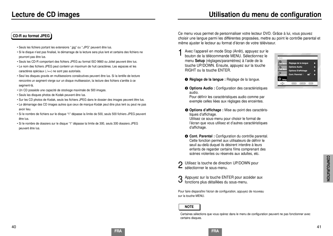 Samsung DVD-E435/XEL Utilisation du menu de configuration, CD-R au format Jpeg, Ré glage de la langue Réglage de la langue 