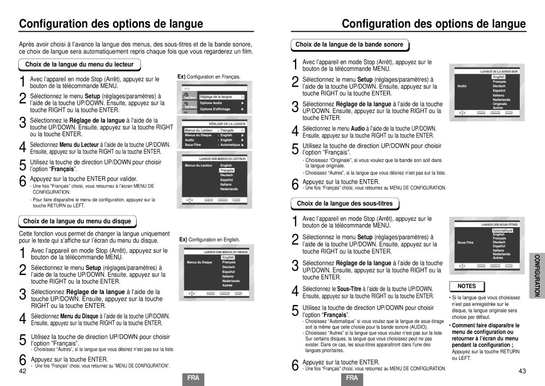 Samsung DVD-E234/XEL, DVD-E435/XEL Configuration des options de langue, Sélectionnez Ré glage de la langue à l’aide de la 