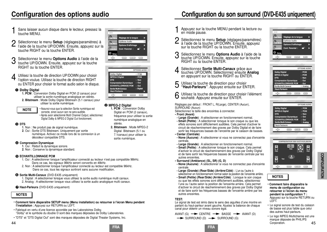 Samsung DVD-E335/XEL, DVD-E435/XEL, DVD-E234/XEL manual Configuration des options audio, Dolby Digital, MPEG-2 Digital 